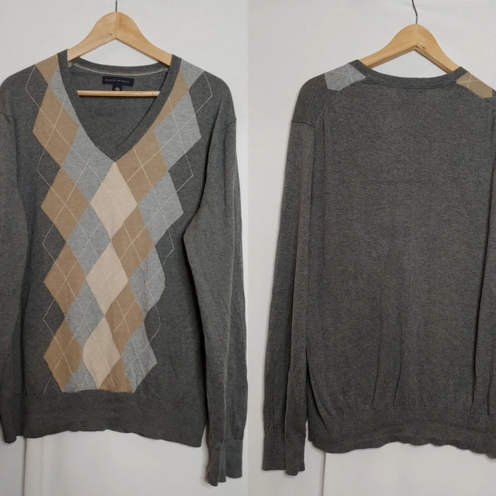 Banana Republic Argyle Pullover Sweater Gray Tan Cream Silk Cotton‎ Cashmere XL